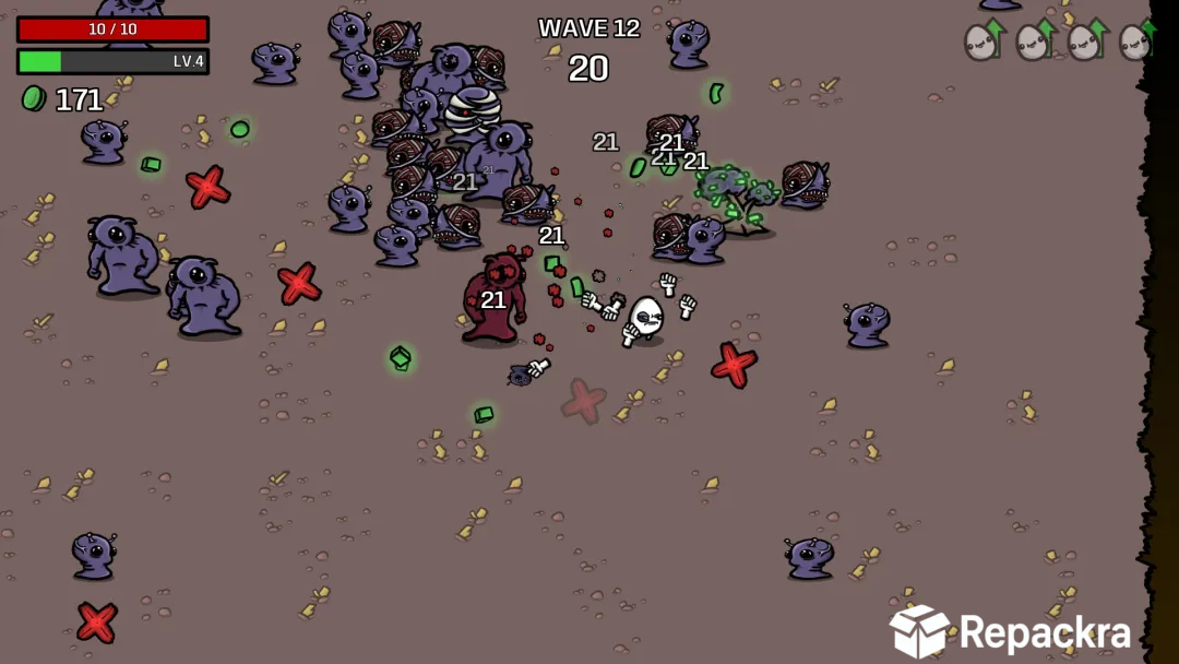 Brotato gameplay screenshot on PC showing a white potato character attacking purple alien enemies during wave 12.