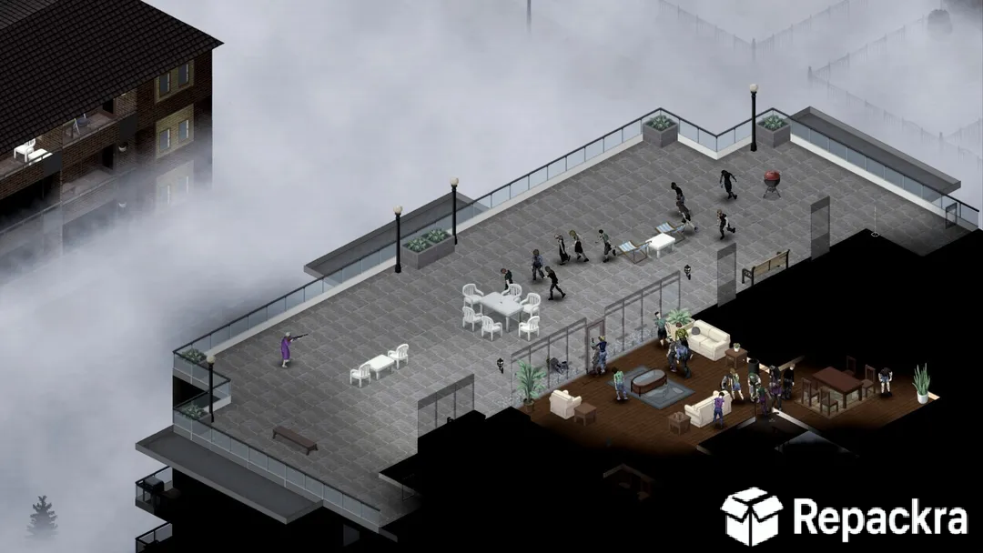 Project Zomboid isometric in-game screenshot showcasing a survivor defending a high-rise rooftop patio from oncoming zombies.