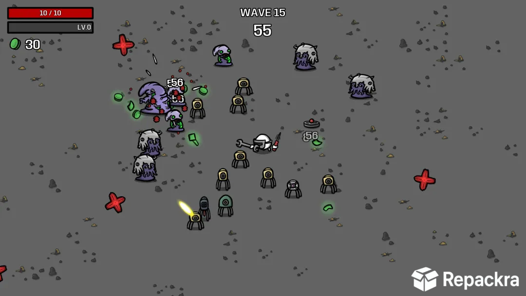Brotato gameplay screenshot on PC showing a potato character surrounded by defensive engineering turrets during wave 15.