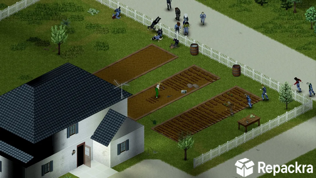 Project Zomboid isometric in-game screenshot showcasing survivors managing crop farming patches in a fenced yard next to a house while zombies approach.