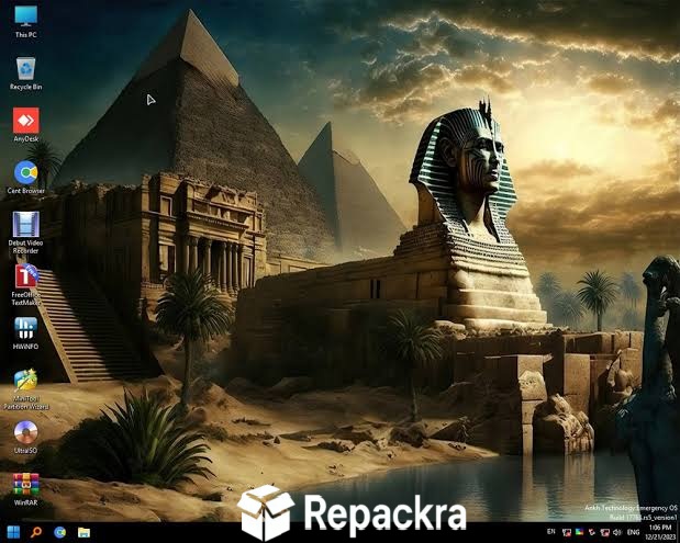 Ankh Technology Emergency OS desktop interface showing an Egyptian Sphinx and pyramid wallpaper with desktop shortcut icons.
