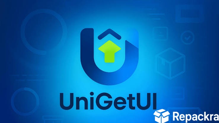 Official UniGetUI software banner featuring a blue letter U logo icon with an green upload arrow and white typography.