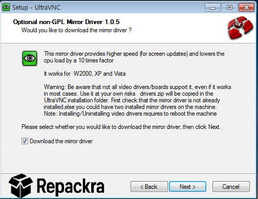UltraVNC for Windows Optional Mirror Driver Download Setup Screenshot