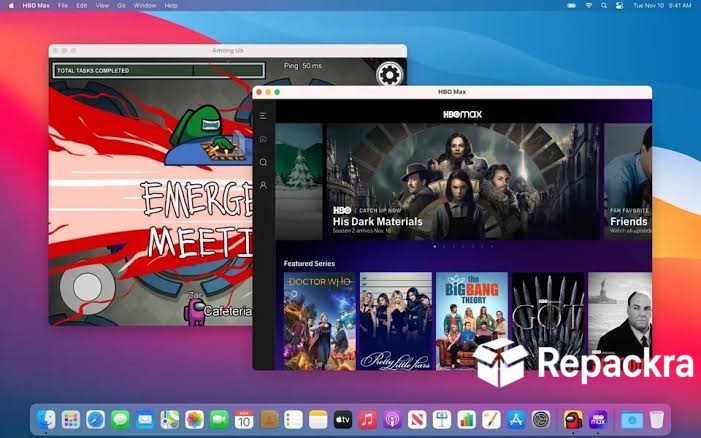 macOS Desktop Multitasking with HBO Max App and Among Us Game Interface Screenshot