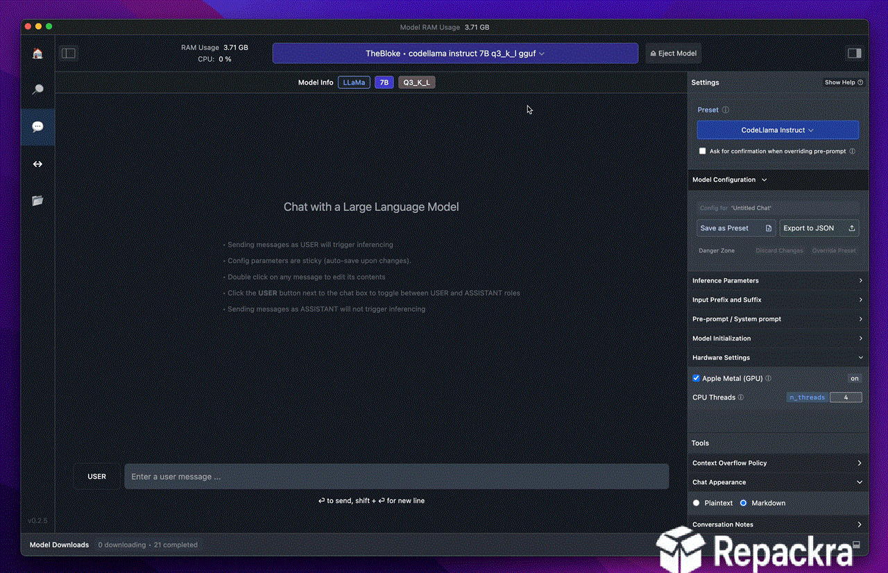LM Studio for Mac Active AI Chat Session Interface Screenshot