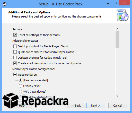 K Lite Codec Pack for Windows Setup Additional Tasks Options Screenshot