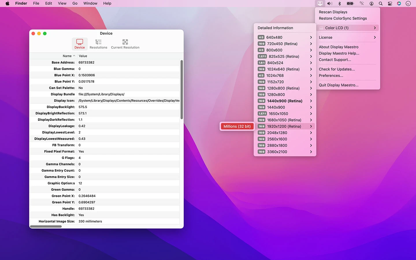 Display Maestro interface on Mac showing the device properties window and the top menu bar resolution list.