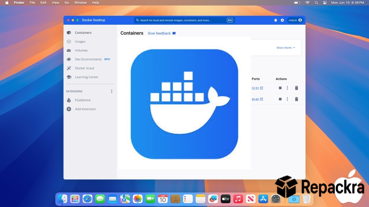 Docker Desktop for Mac Dashboard and Logo Screenshot