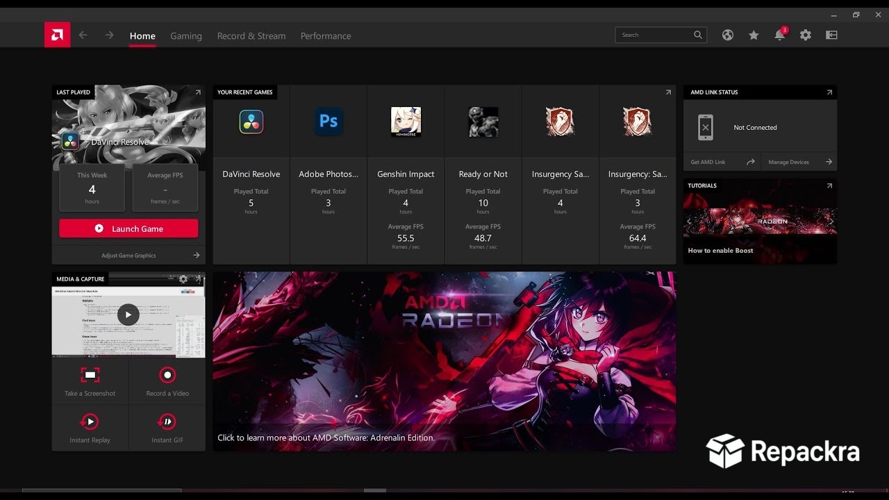 AMD Software Adrenalin Edition Home Interface Recent Games Screenshot
