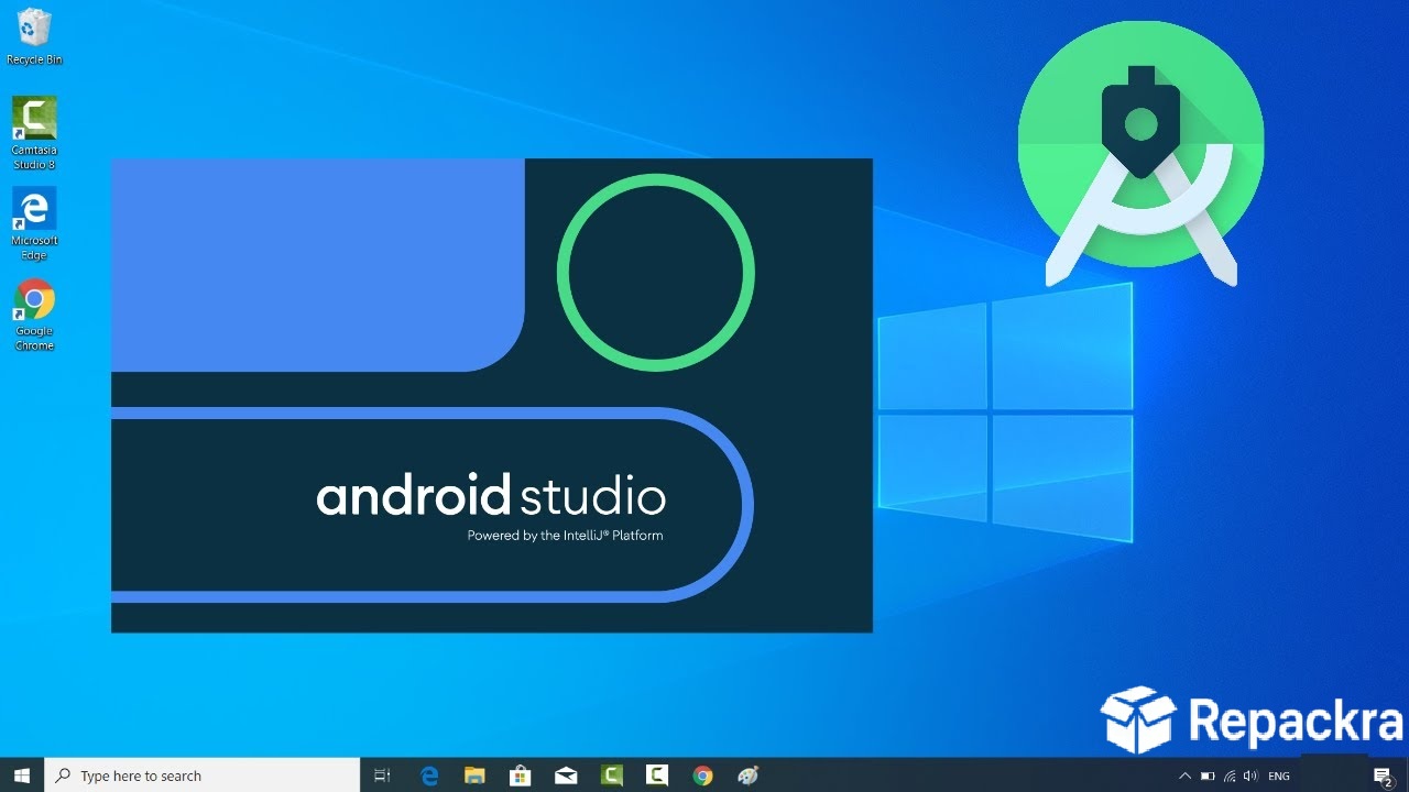 Android Studio installation splash screen displaying on a Windows 10 desktop background.