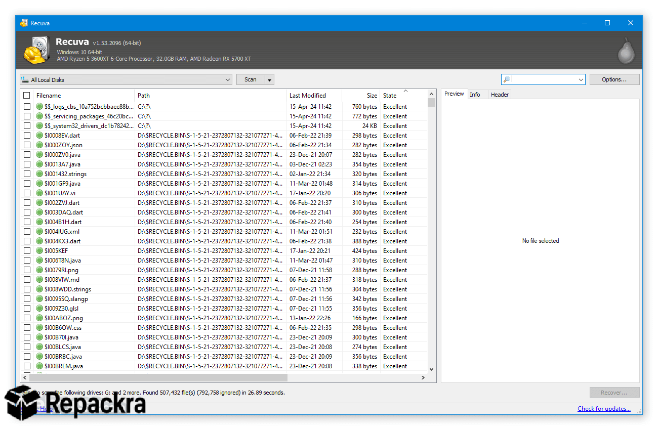 Recuva for PC Data Recovery Scan Results Screenshot