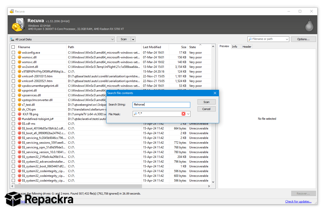 Recuva for PC Search File Contents Feature Screenshot