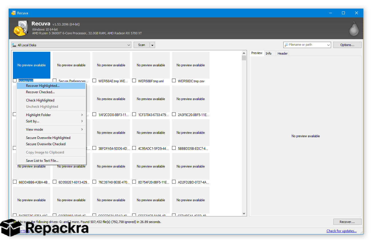 Recuva for PC Thumbnail View Options Menu Screenshot
