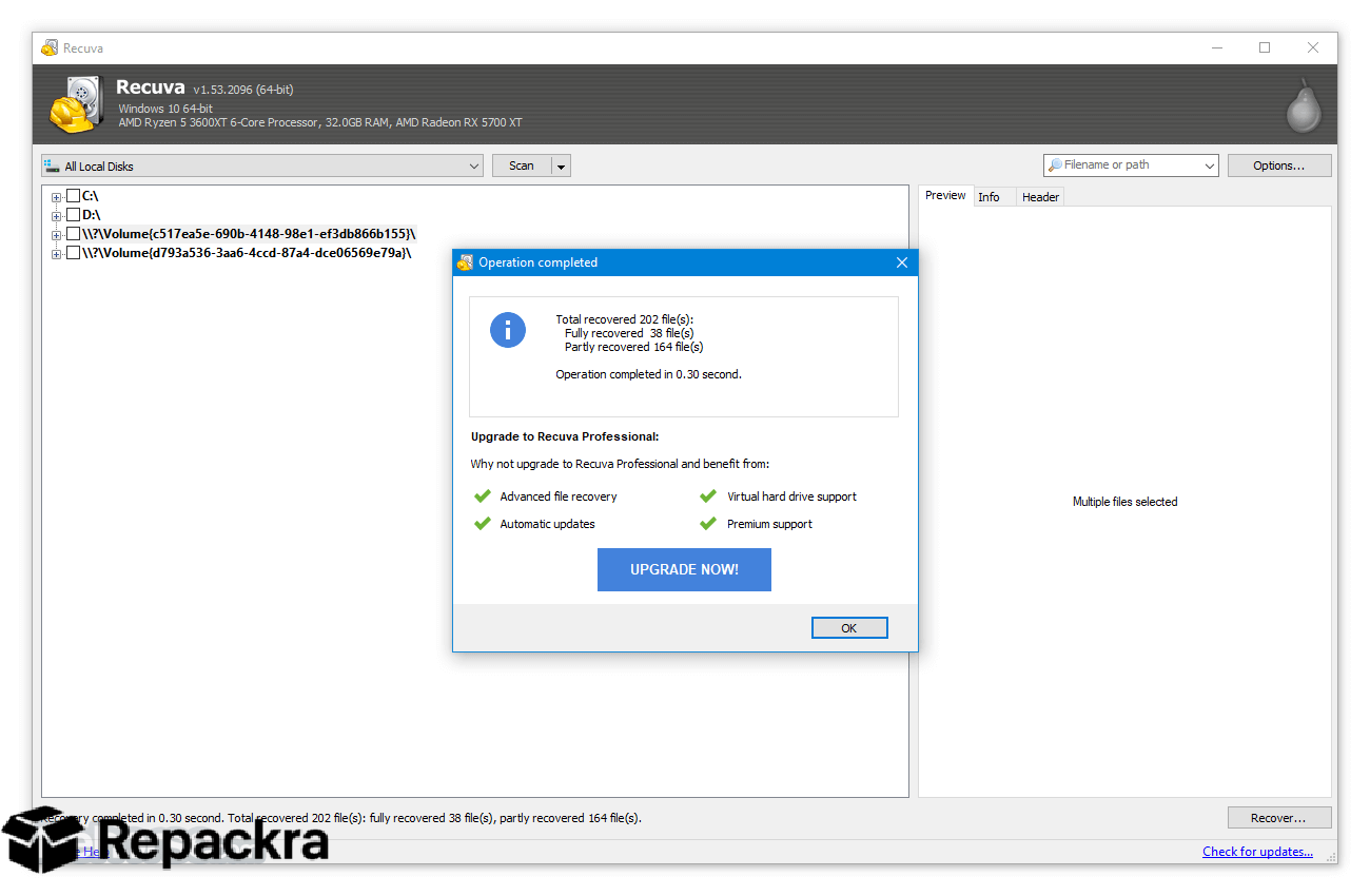 Recuva for PC Operation Completed Recovery Summary Screenshot