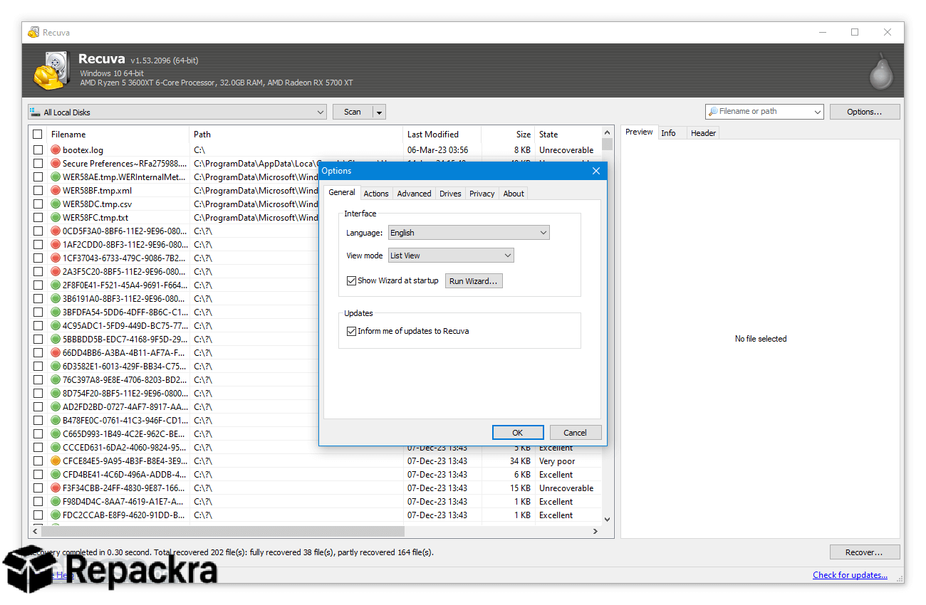 Recuva for PC General Options Settings Menu Screenshot