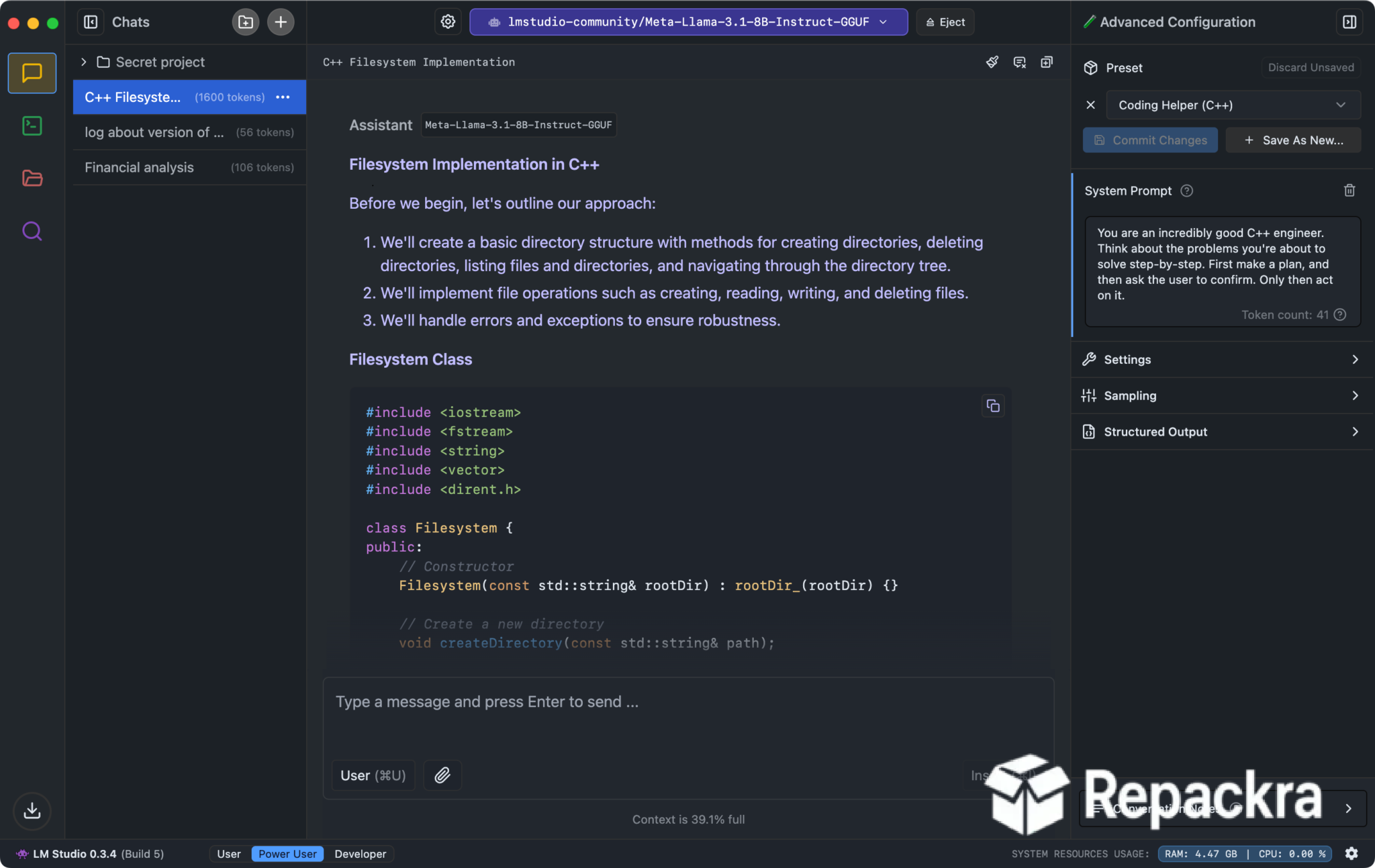 LM Studio for Mac Advanced C++ Coding Assistant Interface Screenshot