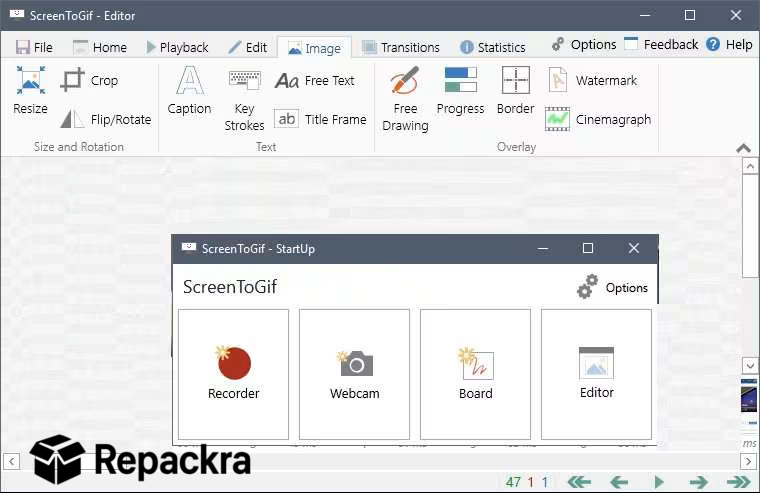 ScreenToGif Editor and Startup Menu Interface Screenshot
