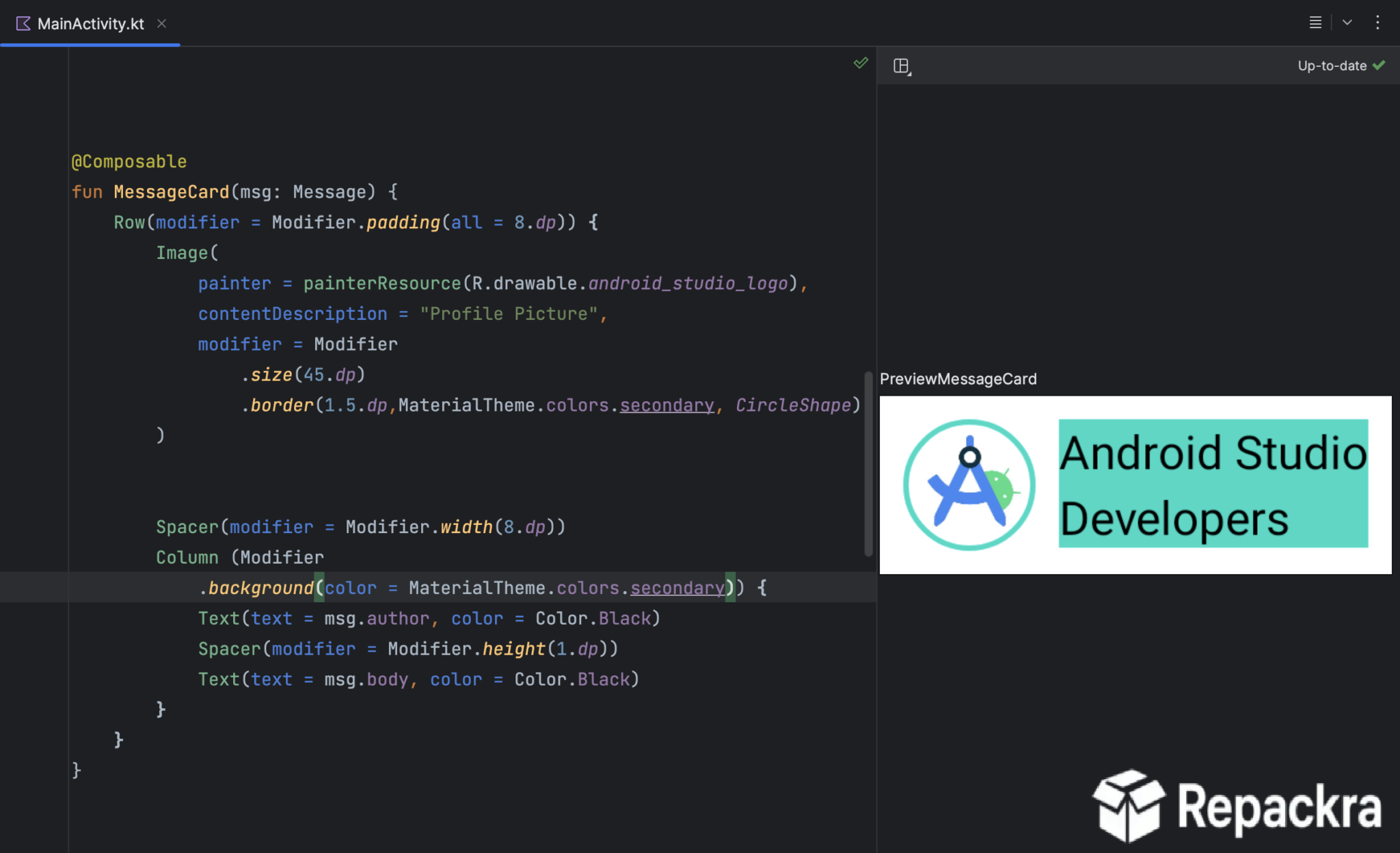 Android Studio editor showing Jetpack Compose code next to an app design preview.