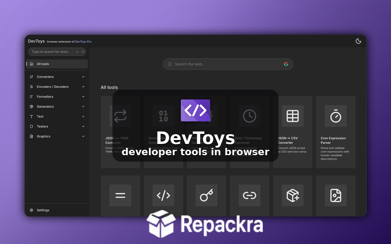 DevToys Browser Extension Developer Tools User Interface Screenshot