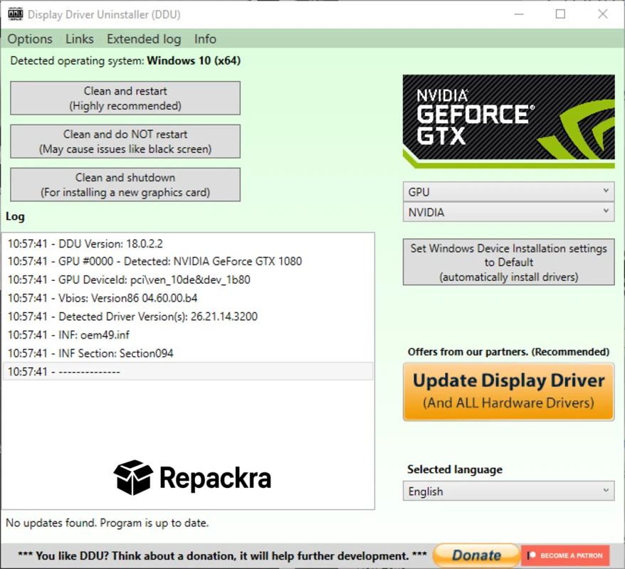 Display Driver Uninstaller DDU Interface Screenshot