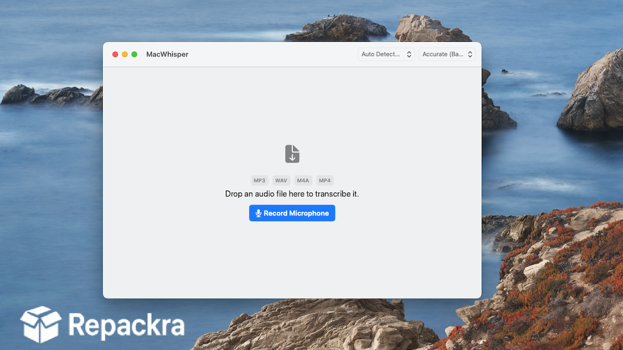 MacWhisper AI Audio File Drop and Microphone Recording Interface Screenshot