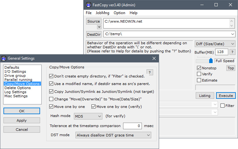 FastCopy Main Interface and General Settings Copy Move Options Window