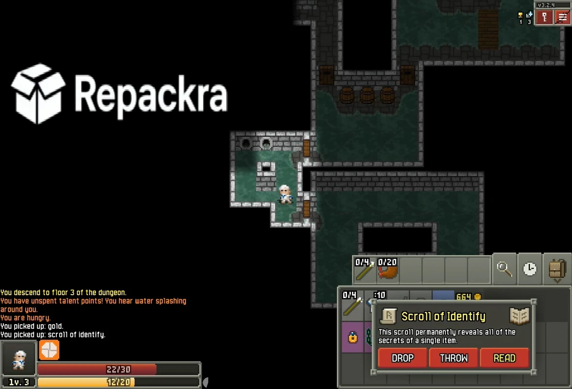 Shattered Pixel Dungeon Gameplay Screenshot Showing Scroll of Identify Item Window