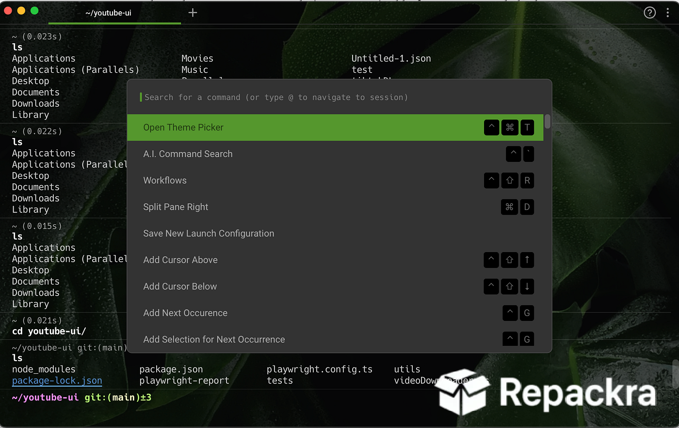 Warp Terminal Command Palette Window Screenshot