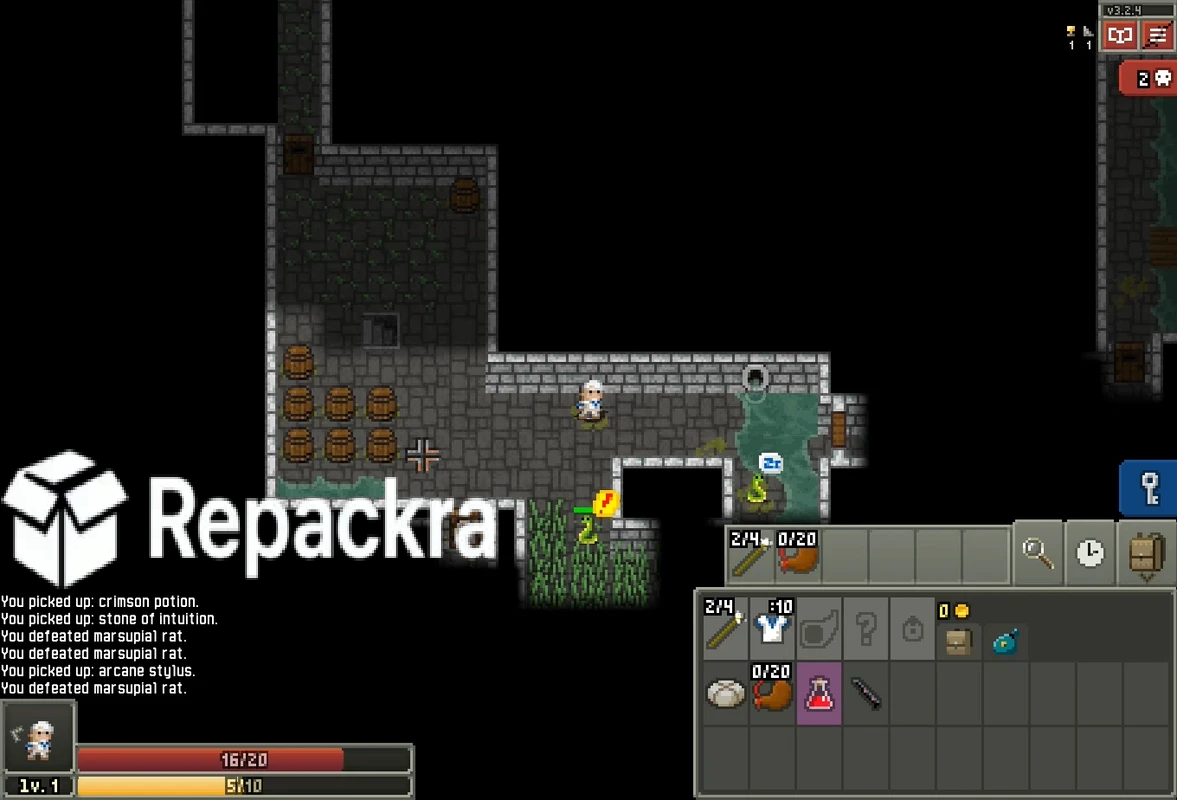 Shattered Pixel Dungeon Gameplay Screenshot Showing Snake Enemies and Item Discovery