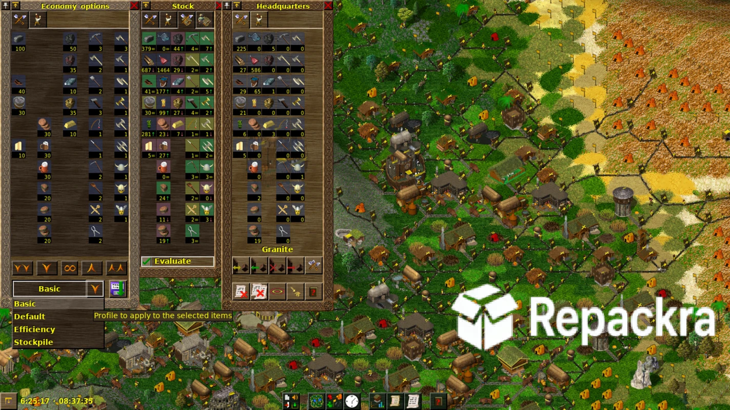 Widelands RTS Game Economy Options Stock and Headquarters Interface Screenshot