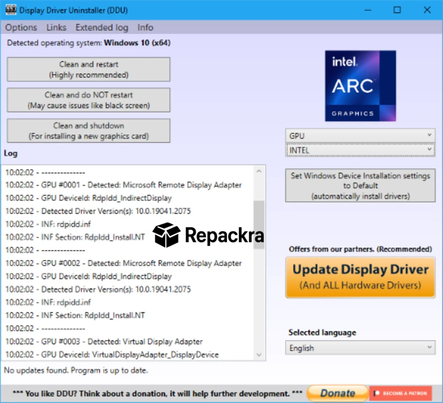 Display Driver Uninstaller DDU Intel Graphics Selection Screenshot