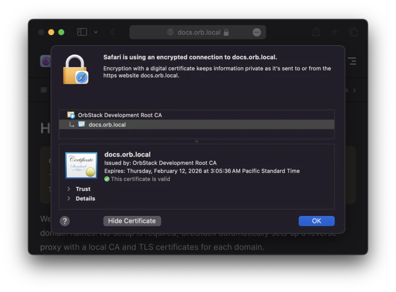 OrbStack HTTPS Local TLS Certificate Details in Safari