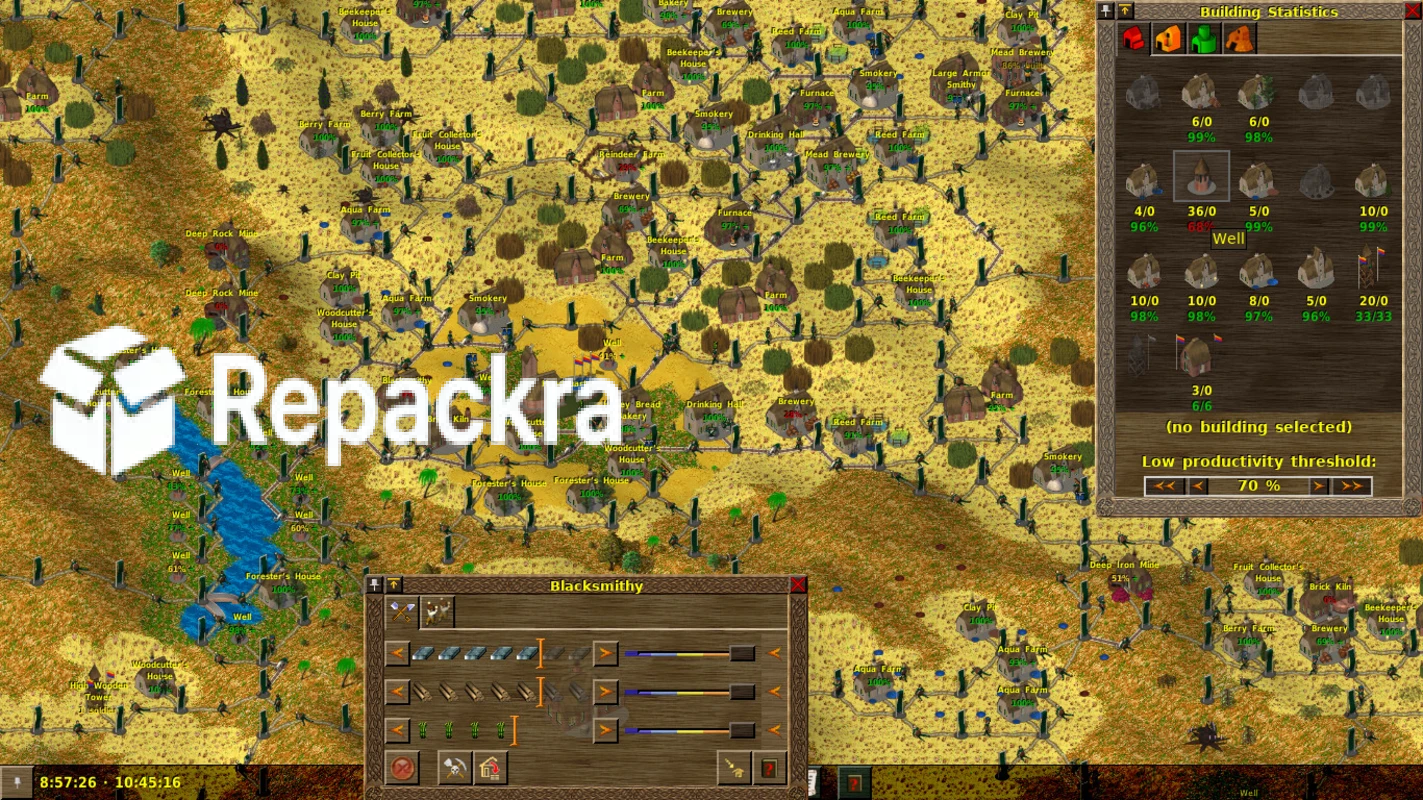 Widelands RTS Game In-Game Building Statistics and Blacksmithing Interface Screenshot