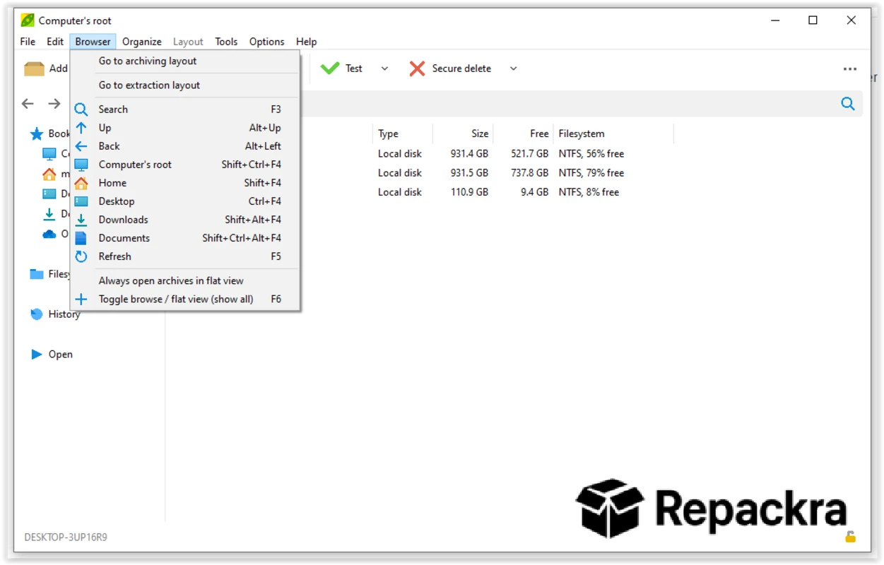 PeaZip Browser Dropdown Navigation Menu Interface Screenshot