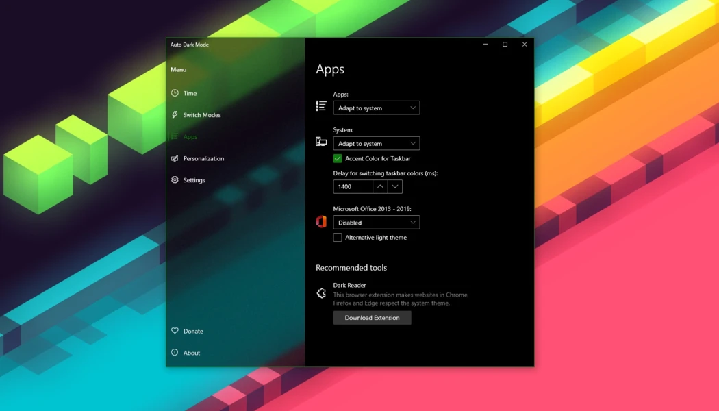 Auto Dark Mode Apps Settings Interface on Windows