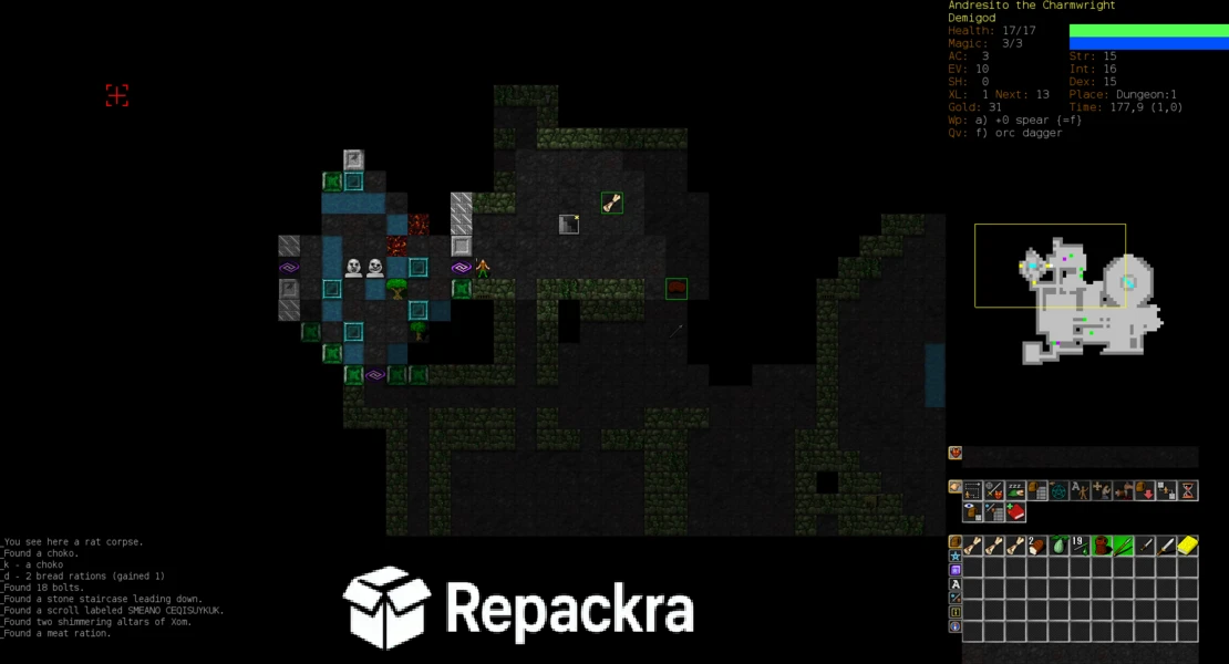 Dungeon Crawl Stone Soup Gameplay Screenshot Showing Demigod Charmwright Exploring Level 1