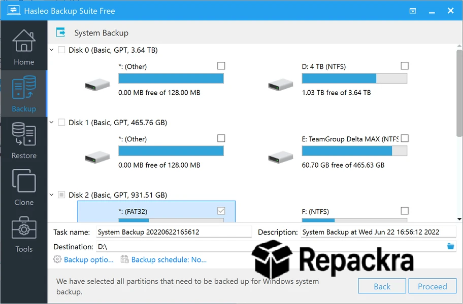 Hasleo Backup Suite Free System Backup Drive Selection Screen