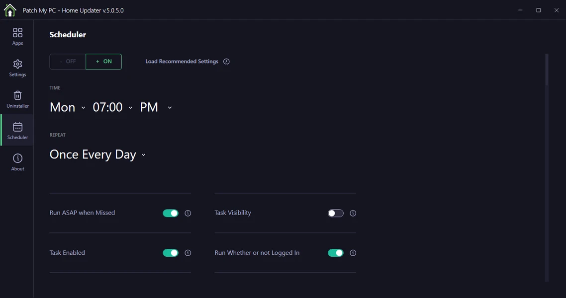 Patch My PC Home Updater Scheduler Tab Settings