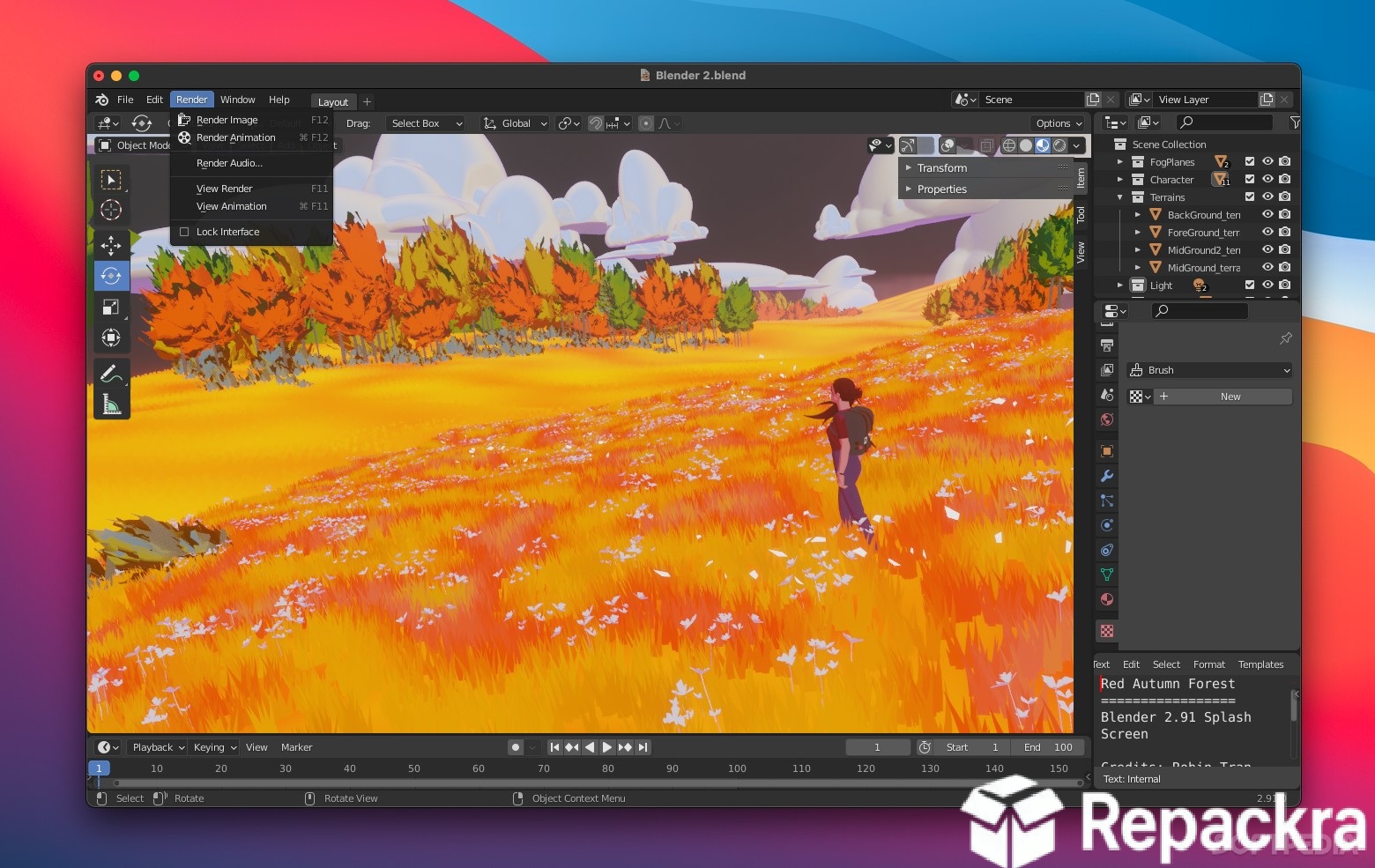 Blender Render Menu Dropdown and 3D Viewport Interface Screenshot