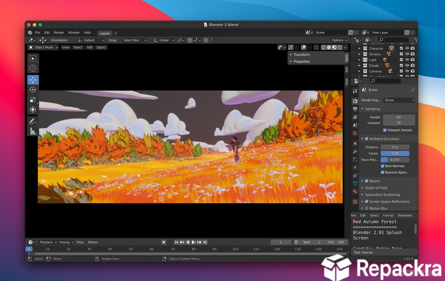 Blender 2.91 Red Autumn Forest Artwork Viewport Interface Screenshot