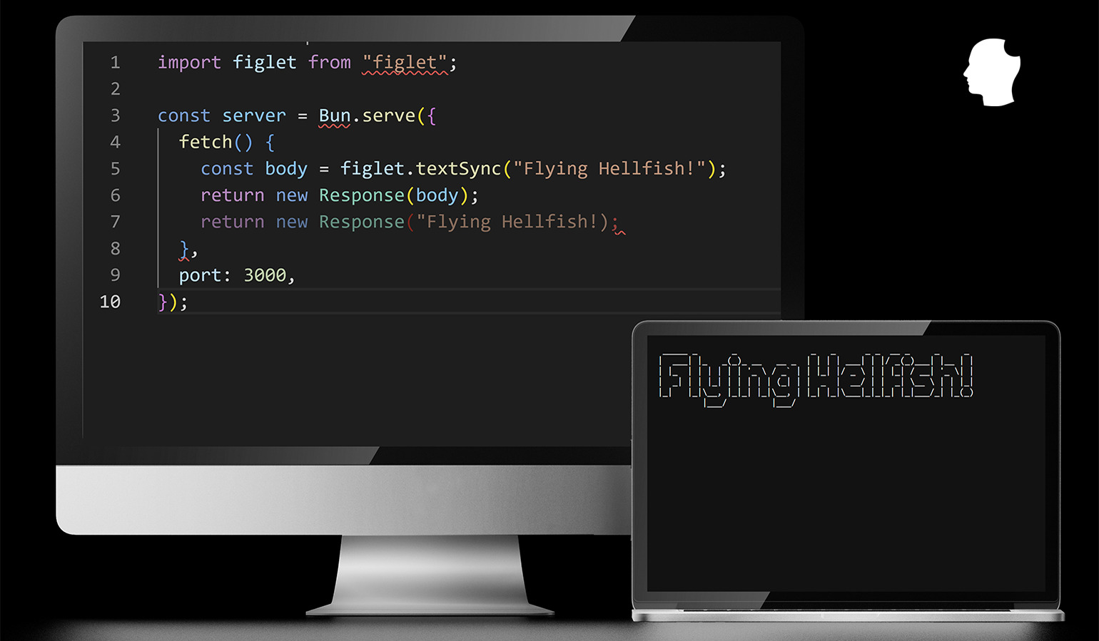 Bun HTTP Server Figlet Code Example on Monitor and Laptop Screen Output