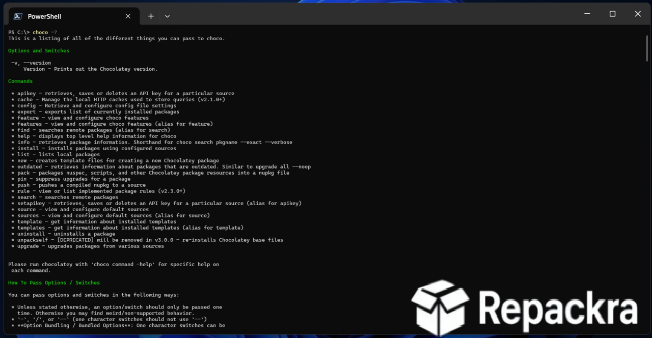 Chocolatey CLI Help Command Output in Windows Terminal Screenshot