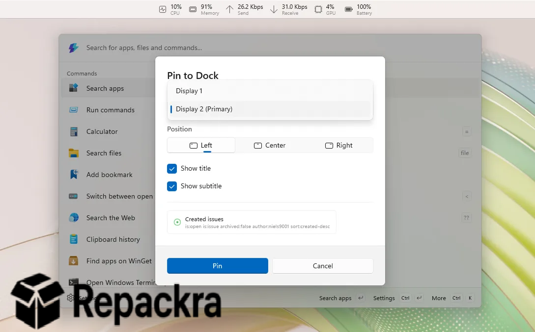 PowerToys Run Pin to Dock Interface Modal Screenshot