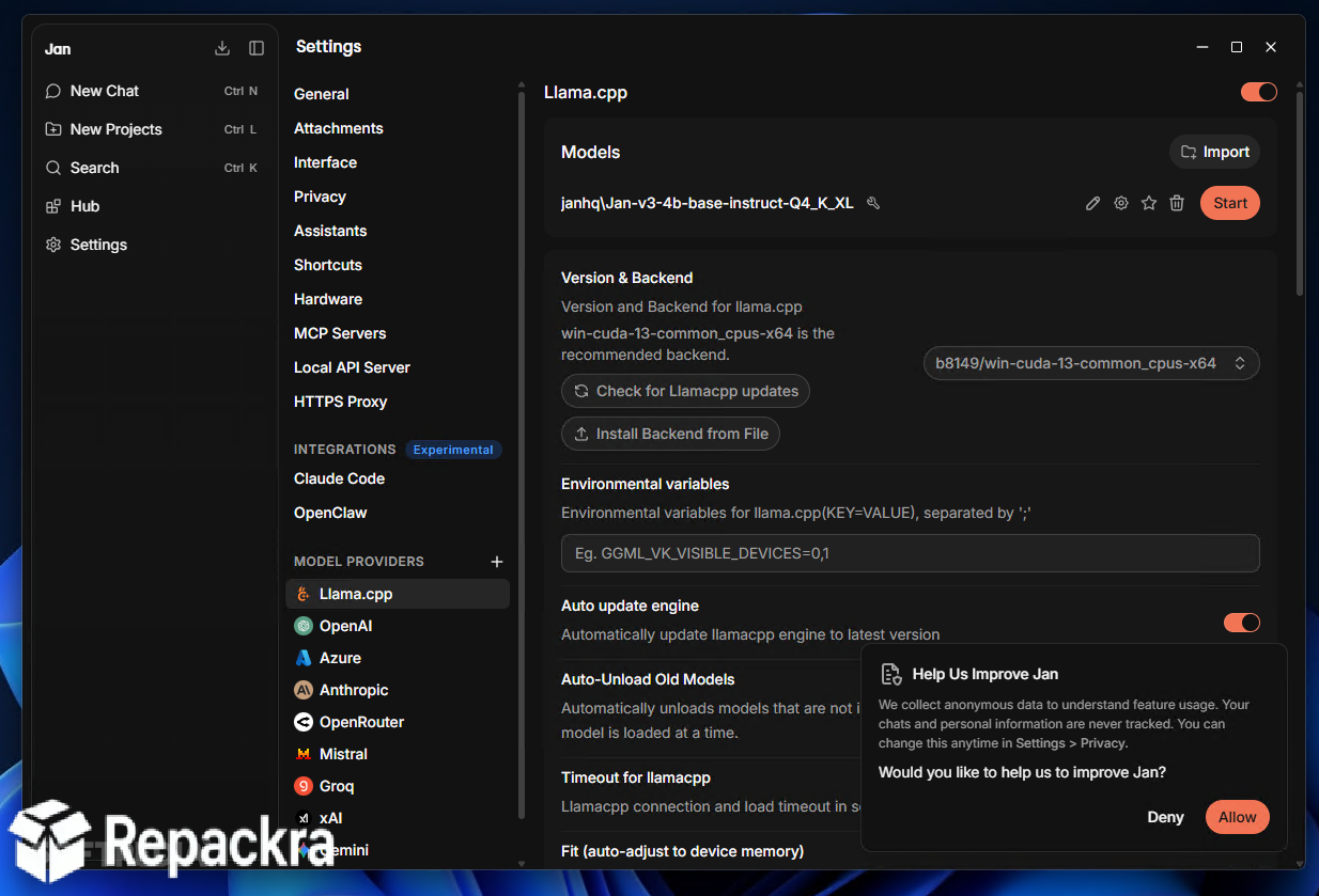Jan AI Llama.cpp Engine Settings Screen