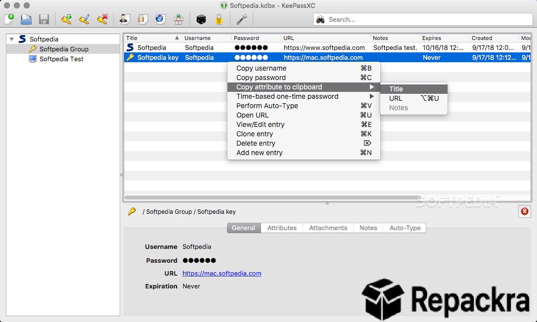 KeePassXC Database Entry Context Menu and Attribute Selection Screen