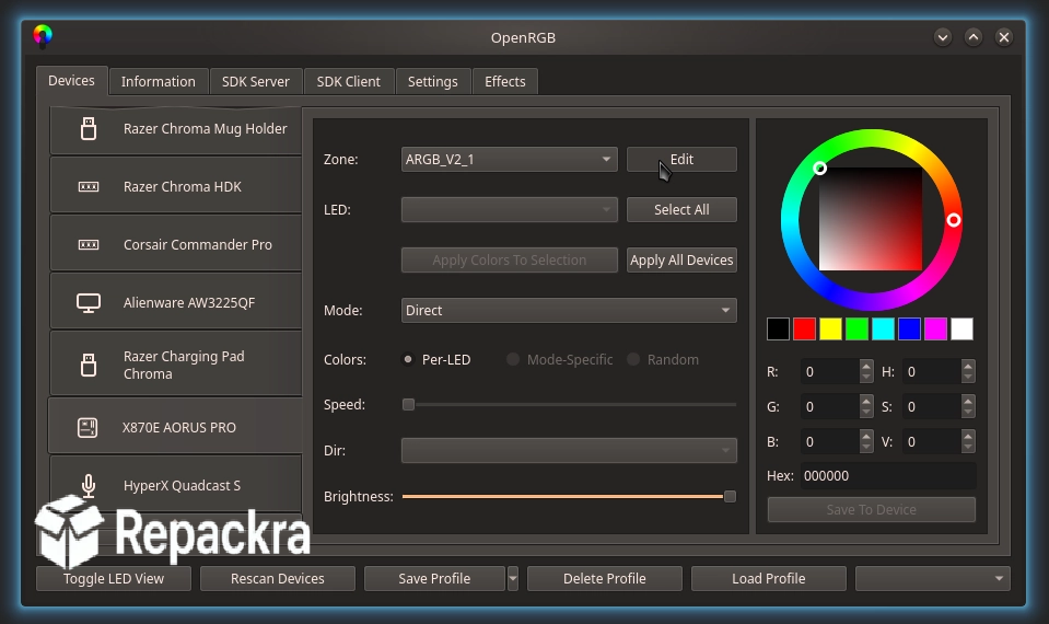 OpenRGB User Interface Screenshot Showing Device and Zone Control Settings