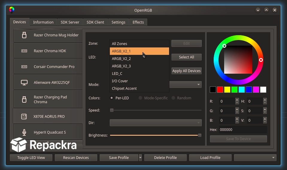 OpenRGB User Interface Screenshot Showing Expanded Zone Dropdown Menu