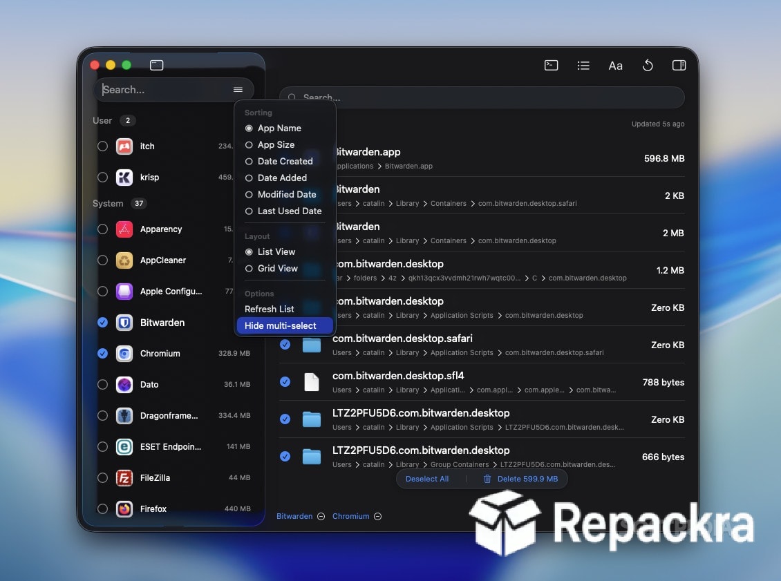 Pearcleaner macOS App Uninstaller Sorting and View Options Menu Screenshot