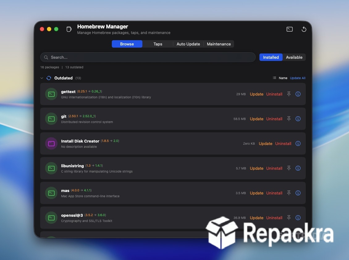 Pearcleaner macOS Homebrew Manager Outdated Packages Interface Screenshot