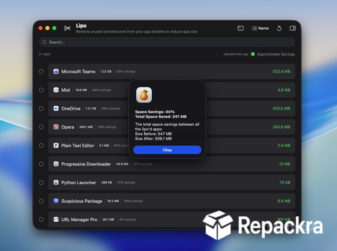 Pearcleaner macOS Lipo Architecture Reduction Interface Screenshot